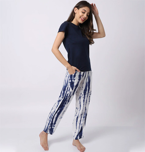 Women Navy Blue & White Tie and Dye Cotton Night suit